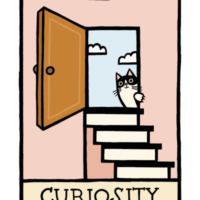 Ilustração de gato a espreitar por uma janela em escada com porta aberta e céu azul ao fundo.