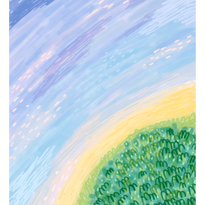 Ilustração abstrata do céu e vegetação com texto 'look up'