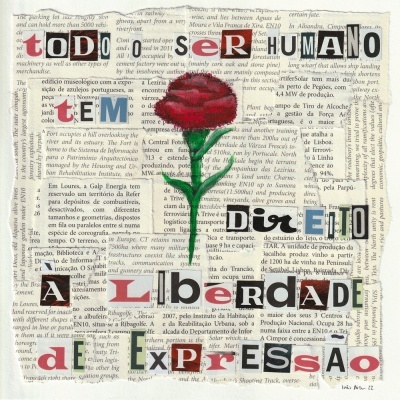 Colagem de jornal com rosa vermelha e frase formada por recortes de letras