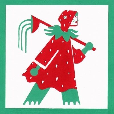 Ilustração de uma figura com capa vermelha e calças verdes a carregar um regador.