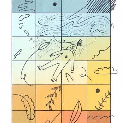 Ilustração colorida com figura humana e padrões abstratos em quadrados