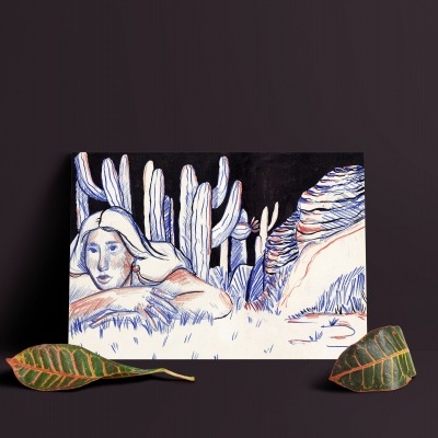 Ilustração a tinta de figura feminina com cactos e rochas em cartão sobre fundo preto com duas folhas secas