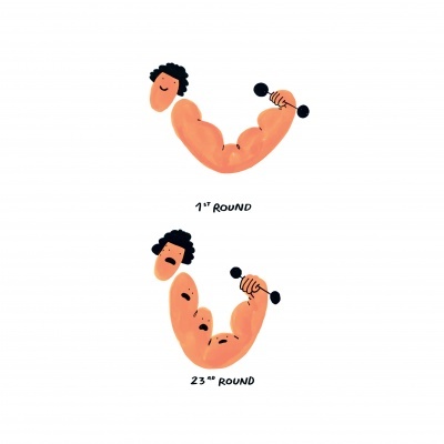 Ilustração de braços musculosos a segurar halteres com expressões faciais e rótulos de rounds.
