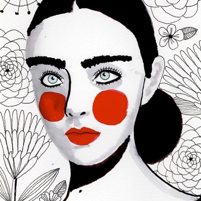 Ilustração de rosto feminino com maquilhagem vermelha e fundo floral a preto e branco