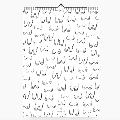 Calendário de parede com desenhos simples de vários tipos de seios femininos
