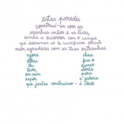 Texto caligráfico em forma de casa com mensagem em português, cores lilás, verde e azul claro, texto de Débora Franco e ilustração de Rúben Ramos.