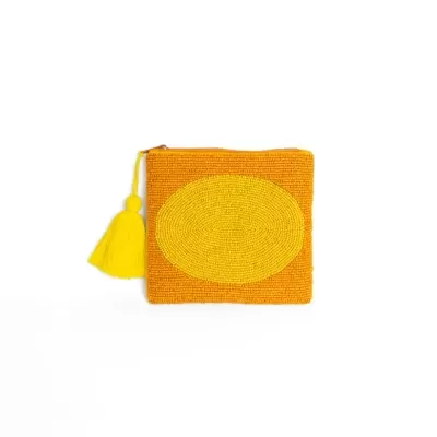 Carteira quadrada laranja e amarela com tassel