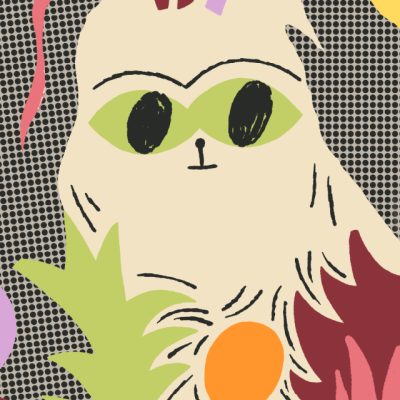Ilustração abstrata de gato com olhos verdes e formas coloridas