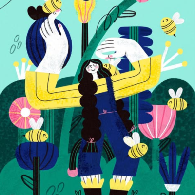 Ilustração colorida de personagem com abelhas e flores grandes