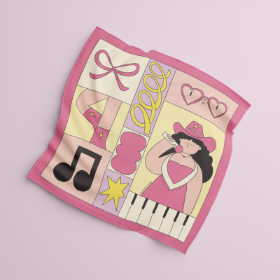 Lenço quadrado com estampado colorido e ilustrações musicais e femininas