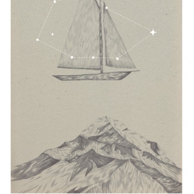 Ilustração a lápis de barco à vela acima de montanha com constelação e texto inspirador