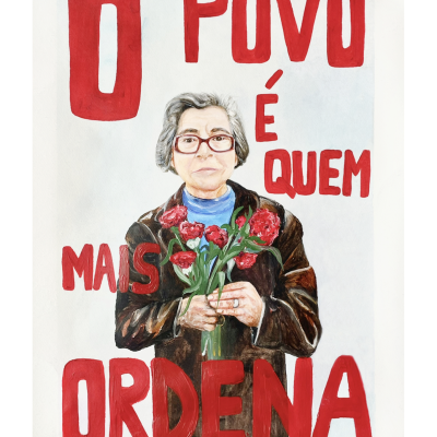 Pessoa segurando flores com texto em redor em letras vermelhas