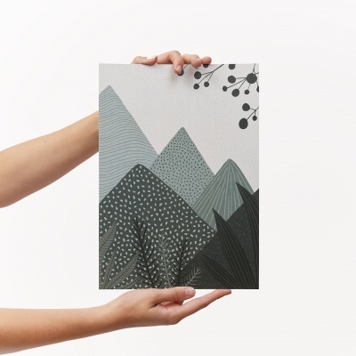 Tela decorativa com ilustração de montanhas e galhos pretos