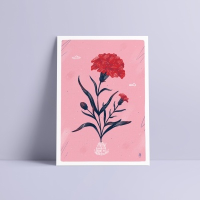 Póster com ilustração de flor vermelha em fundo rosa com margem branca