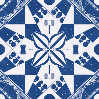 Padrão geométrico azul e branco com martelos e formas abstratas.