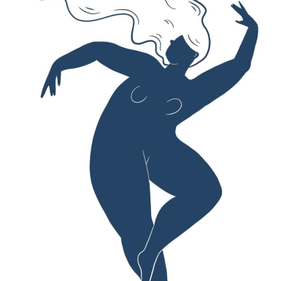 Ilustração de figura feminina estilizada em azul escuro com cabelos brancos ondulados