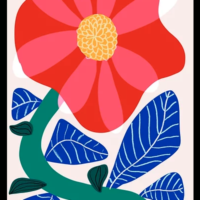 Ilustração de flor com pétalas vermelhas, centro amarelo e folhas azuis em fundo claro