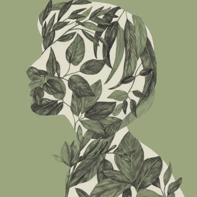 Silueta humana com folhas verdes desenhadas preenchendo o interior, fundo verde claro