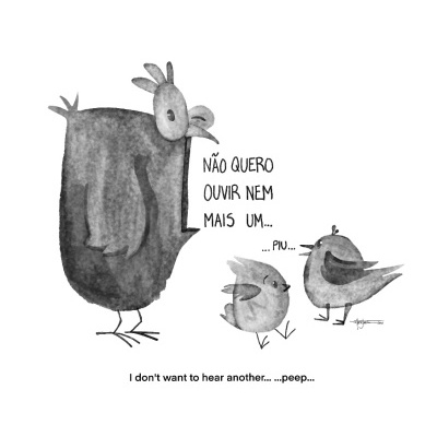Ilustração gráfica a preto e branco de aves com texto em português e inglês