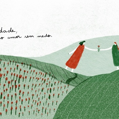 Duas figuras femininas em vestidos vermelhos e verdes sobre colinas verdes com texto manuscrito em português.