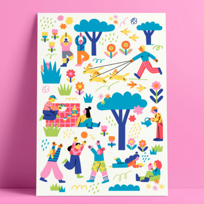 Poster ilustrado colorido com pessoas, animais e árvores sobre fundo branco