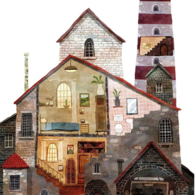 Ilustração de casa e farol com interiores visíveis