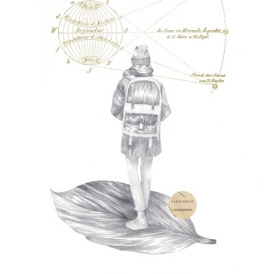 Pessoa de costas com mochila sobre folha, desenhos científicos e texto amarelo