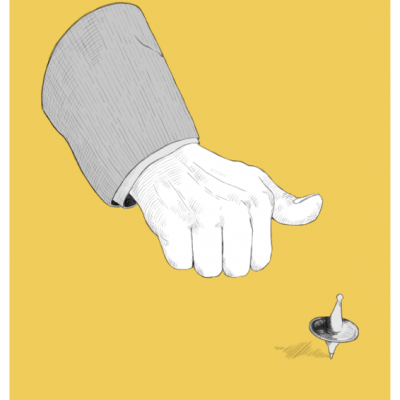 Ilustração de mão com gesto de polegar para cima e pião girando em fundo amarelo