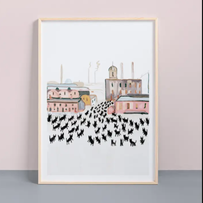 Gravura em moldura de madeira com ilustração de gatos pretos em cenário urbano colorido