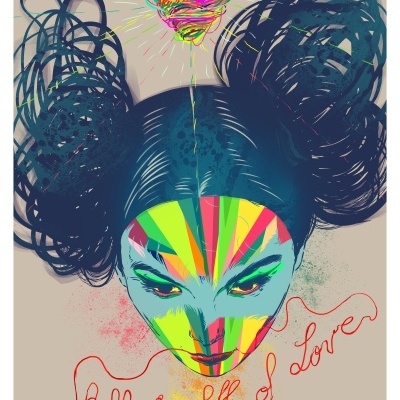 Ilustração colorida de rosto feminino com pinturas faciais vibrantes e coração multicolorido flutuando