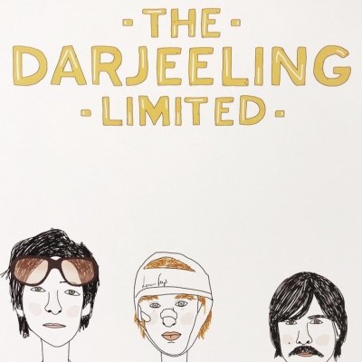 Ilustração com três homens e texto THE DARJEELING LIMITED em amarelo