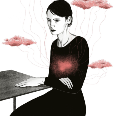 Ilustração de mulher sentada com vestido preto e nuvens cor-de-rosa ligadas ao peito.