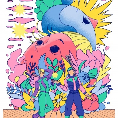 Ilustração colorida com duas personagens e formas abstratas