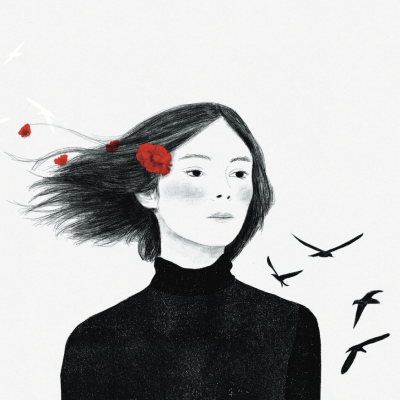Ilustração de mulher de cabelo preto com flores vermelhas vestindo gola alta preta, pássaros voando ao lado