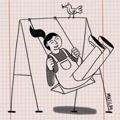 Desenho de criança num baloiço com pássaro no topo, em papel quadriculado com assinatura MATILDE