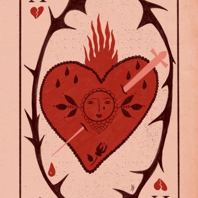 Ilustração do Ás de Copas com coração vermelho e detalhes decorativos.