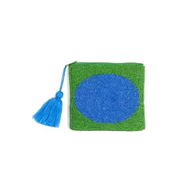 Carteira quadrada verde com padrão azul e tassel