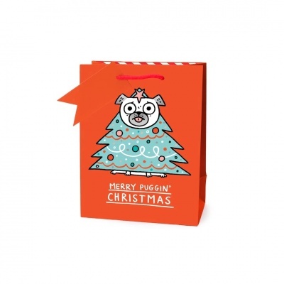 Bolsa de presente vermelha com ilustração de cão carlino e árvore de Natal