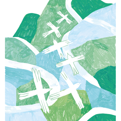 Ilustração abstrata em azul, verde e branco com cruzes estilizadas