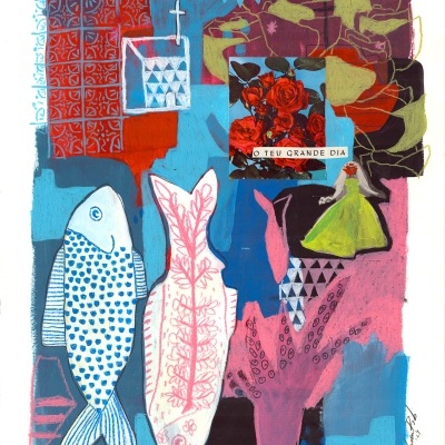 Obra de arte colorida com peixes estilizados e texto 'O TEU GRANDE DIA'