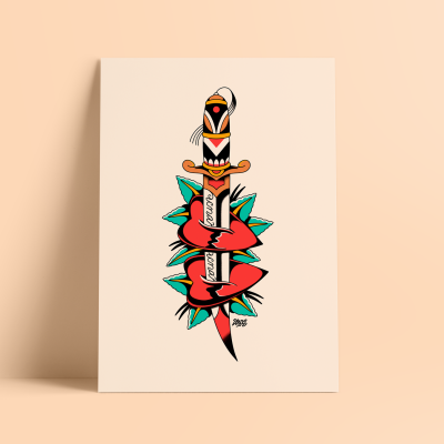 Ilustração de adaga atravessando corações em papel creme