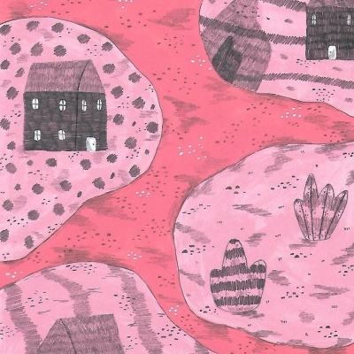 Padrão ilustrado de ilhas roxas com casas e plantas sobre fundo coral pontilhado