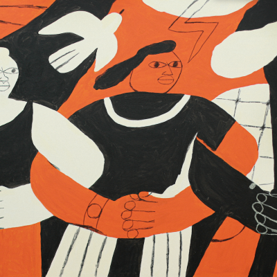 Ilustração artística com três figuras humanas em cores preto, branco e vermelho