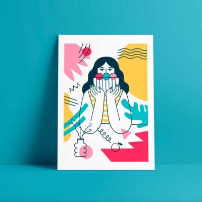 Poster artístico com ilustração colorida de mulher segurando bolas