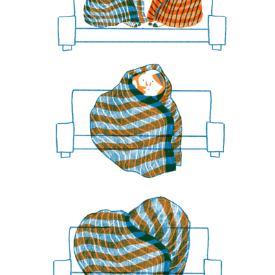 Ilustração de cobertores xadrez laranja, azul e branco em pessoas no sofá.