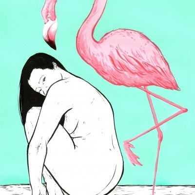 Ilustração de mulher nua sentada com flamingo rosa ao lado, fundo azul turquesa.