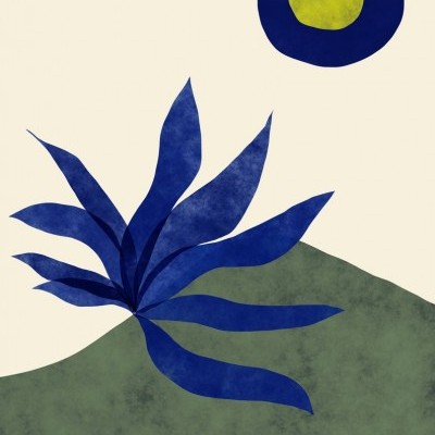 Ilustração abstrata de planta azul sobre monte verde com círculo amarelo e azul no fundo creme