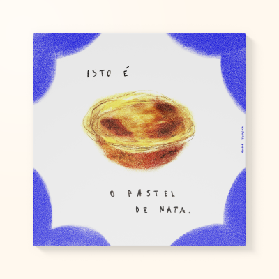 Ilustração de um pastel de nata com texto em português e fundo branco com cantos azuis