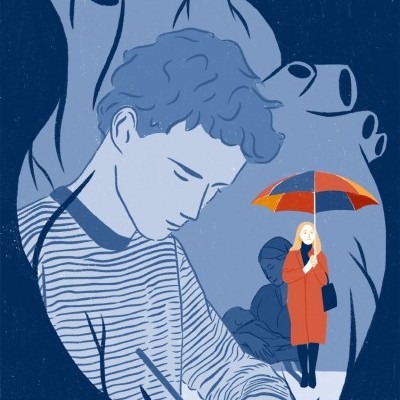 Ilustração de um coração com um rapaz a escrever e uma mulher de guarda-chuva laranja e vermelho