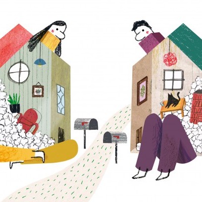 Ilustração de duas casas coloridas com pessoas e almofadas brancas